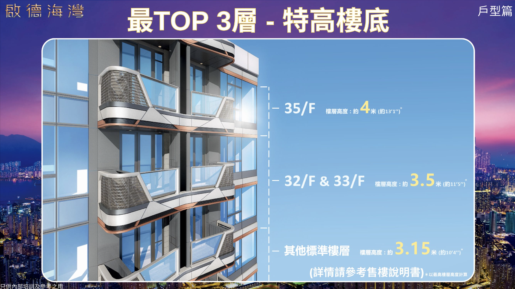 特高樓底 - 35/F約4米、32/F & 33/F約3.5米、其他標準樓層約3.15米